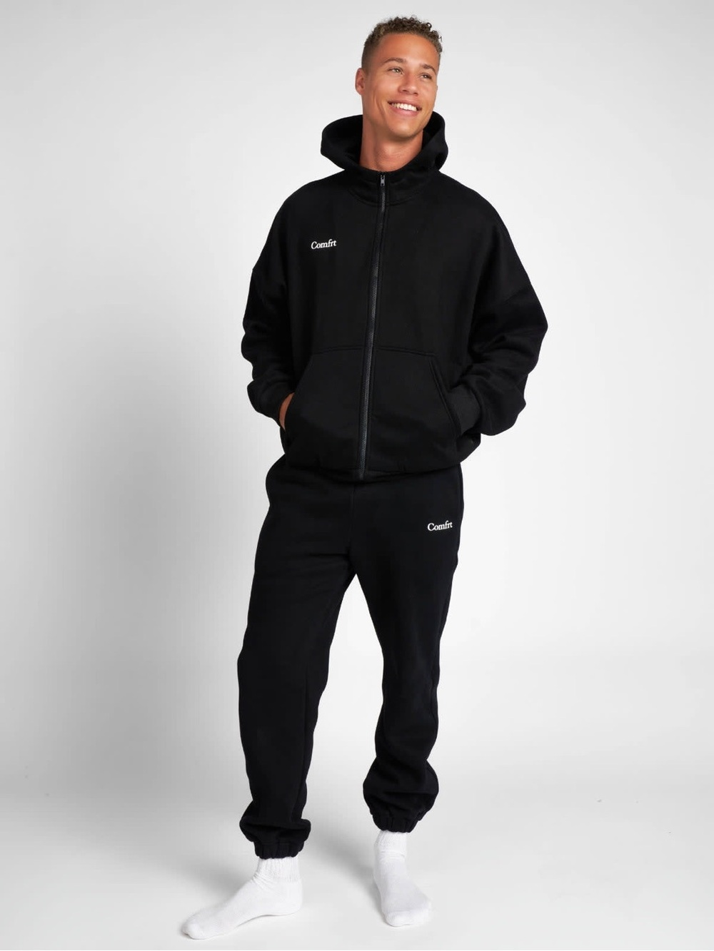 Comfrt Men’s 2 Pieces Set Cloud Zip Hoodie Mega & Cloud Sweatpants in Black S